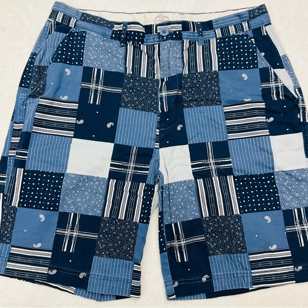 ST JOHNS BAY Vintage Blue Pattern Patchwork Flat Front Cotton Shorts Mens 36